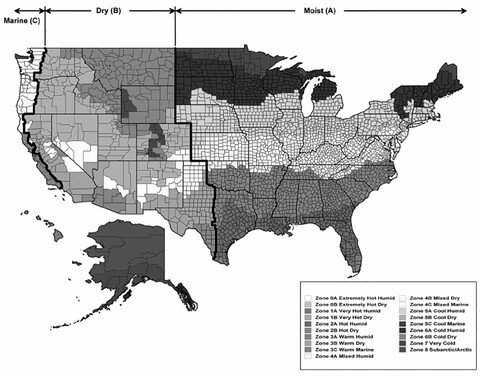 Map of U.S. showing climate zones