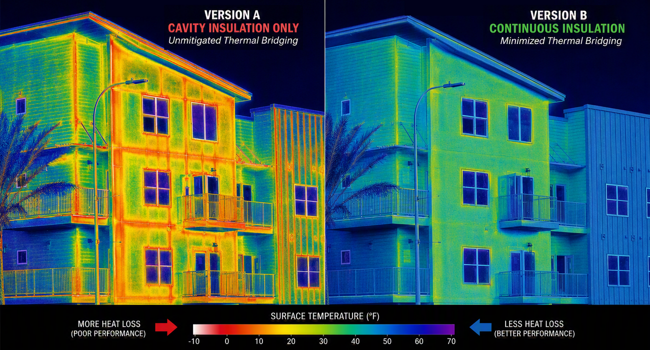 Thermal image illustration of (A) unmitigated thermal bridges with only cavity insulation between framing members and (B) use of continuous insulation and structural thermal breaks to minimize thermal bridging