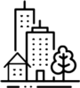 3 different types of buildings in an urban setting