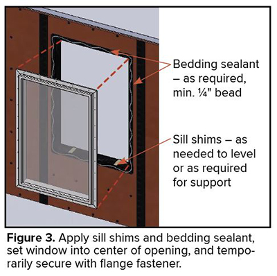 Figure 3 - Apply sill shims and bedding sealant, set window into center of opening, and temporarily secure with flange nail..