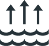 Water waves below three arrows pointing upward representing water vapor